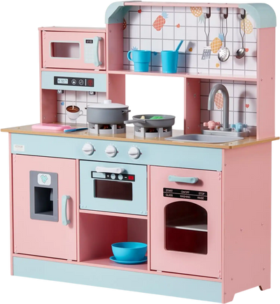 VEVOR Play Kitchen for Kids, Wooden Toy Kitchen Set with Lights and Sounds, Toddler Kitchen with Ice Maker, Oven, Sink, Microwaves, Fridge and Utensil and Fruit Accessory for Toddlers ages 3-8,Pink