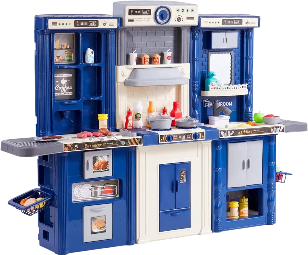 VEVOR Kids Kitchen Playset, 3-in-1 Toddler Kitchen with Simulated Spray, Sounds and Lights, Play Kitchen Set with 74 PCS Cooking Accessory Set for Toddlers, Preschoolers, Children Ages 3-8, Blue