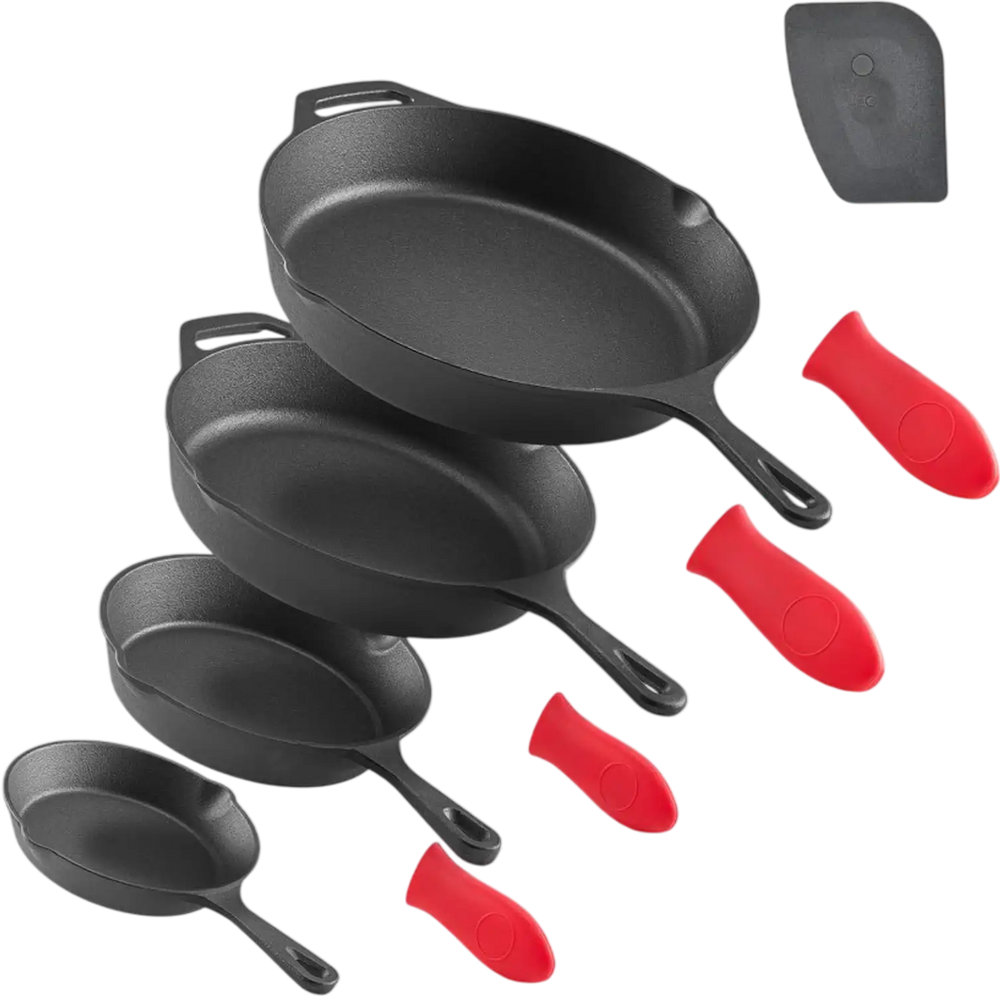 VEVOR Cast Iron Skillet, 4-Piece Frying Pan Set (6, 8, 10, 12 in), Skillets with Heat-Resistant Silicone Handle, Pre-Seasoned Chef's Pan, Kitchen Cookware, for Oven, Gas, Electrical, Induction, Black