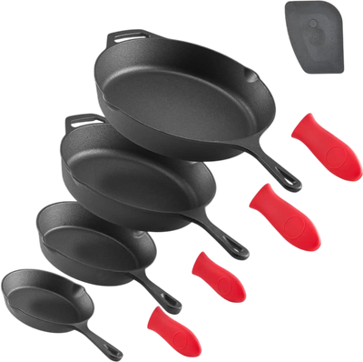 VEVOR Cast Iron Skillet, 4-Piece Frying Pan Set (6, 8, 10, 12 in), Skillets with Heat-Resistant Silicone Handle, Pre-Seasoned Chef's Pan, Kitchen Cookware, for Oven, Gas, Electrical, Induction, Black