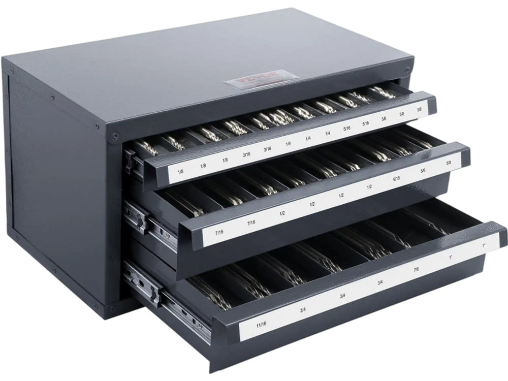VEVOR Three-Drawer Steel Cabinet for End Mill Organization, Accommodates 1/8" to 1", Features 29 Compartments with Labels, Stackable Design for Efficient Storage
