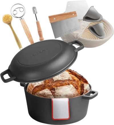 VEVOR Cast Iron Dutch Oven, 2-in-1 Pre-Seasoned Pot with Skillet Lid, 5QT Cookware Pan with Proofing Basket, Bread Baking Accessories, Bread-Oven Compatible 500℉