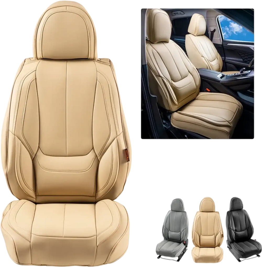 VEVOR Seat Covers, Universal Car Seat Covers Front Seats, 6pcs Faux Leather Seat Cover, Full Enclosed Design, Detachable Headrest and Airbag Compatible, for Most Cars SUVs and Trucks Beige