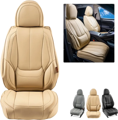 VEVOR Seat Covers, Universal Car Seat Covers Front Seats, 6pcs Faux Leather Seat Cover, Full Enclosed Design, Detachable Headrest and Airbag Compatible, for Most Cars SUVs and Trucks Beige