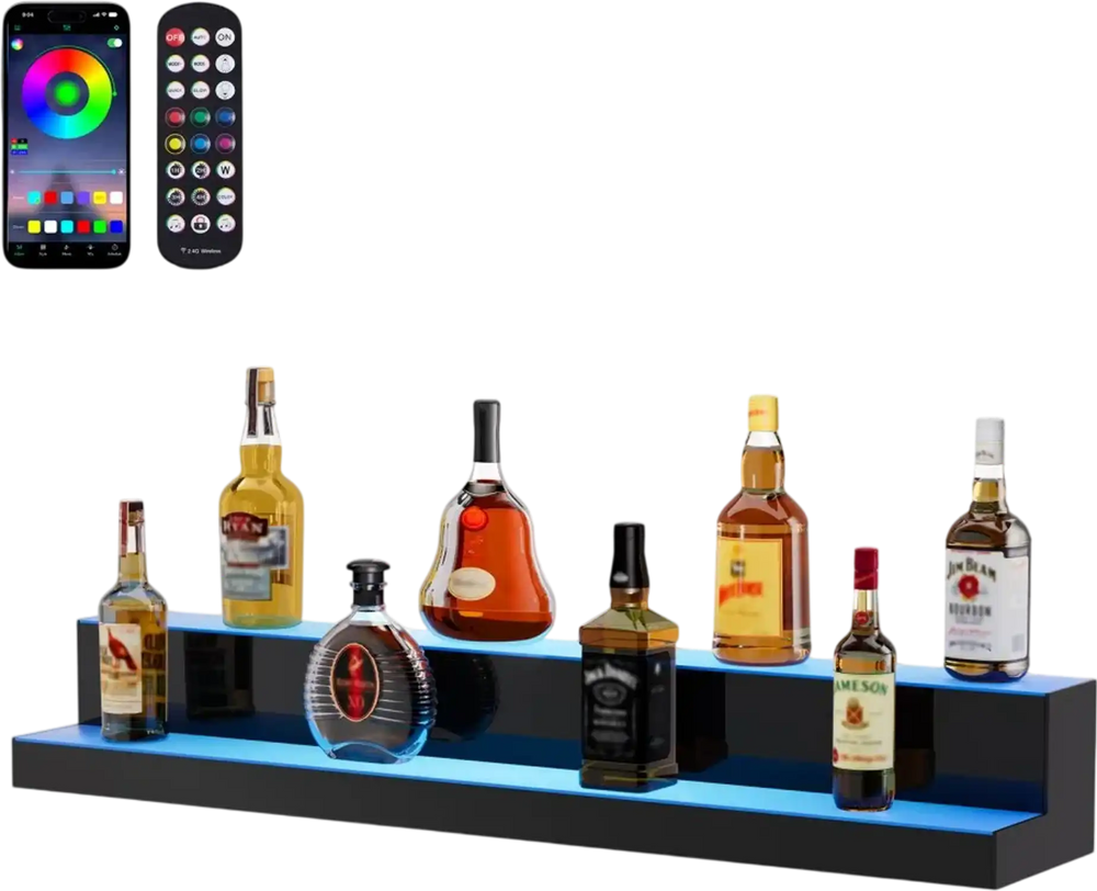 VEVOR LED Lighted Liquor Bottle Display, 2 Tiers 40 Inch Commercial Illuminated Home Bar Shelf, 2 Steps Whiskey Rack Stand, Acrylic Drink Shelves with RF Remote & App Control, and Multicolor lighting