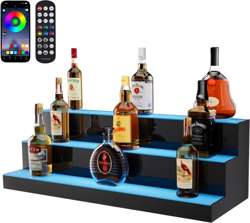 VEVOR LED Lighted Liquor Bottle Display, 3 Tiers 30 Inch Commercial Illuminated Home Bar Shelf, 3 Steps Whiskey Rack Stand, Acrylic Drink Shelves with RF Remote & App Control, and Multicolor lighting