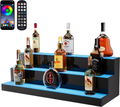 VEVOR LED Lighted Liquor Bottle Display, 3 Tiers 30 Inch Commercial Illuminated Home Bar Shelf, 3 Steps Whiskey Rack Stand, Acrylic Drink Shelves with RF Remote & App Control, and Multicolor lighting