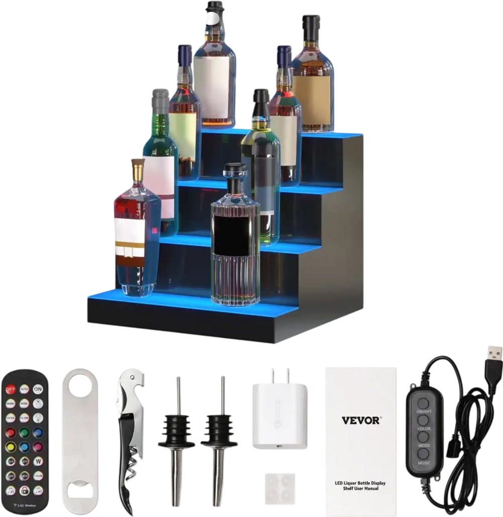 VEVOR LED Lighted Liquor Bottle Display Bar Shelf RF & App Control 16" 4-Step