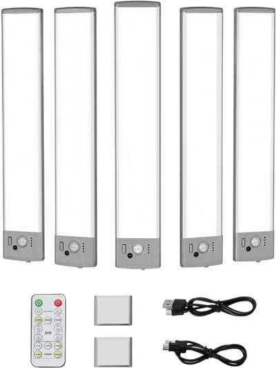 VEVOR Under Cabinet Lighting, 5 PCS,  68 LED Motion Sensor Lights, Rechargeable Battery Operated Closet Lights with Remote Control, Wireless Under Counter Light for Cabinets, Bookshelf, Stair, Hallway
