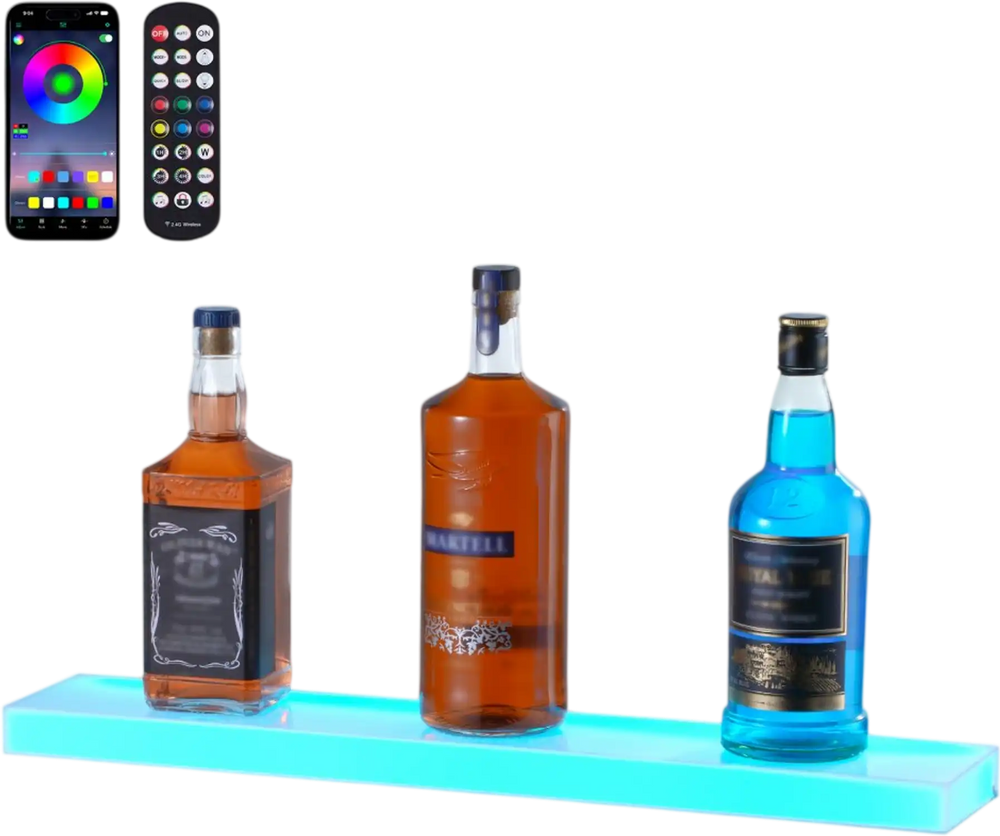 VEVOR LED Lighted Liquor Bottle Display, 1 Tier 24 Inch Wall Mounted Whiskey Rack Stand, 1 Step Commercial Illuminated Home Bar Shelf, Acrylic Drinks lighting Shelves with RF Remote & App Control