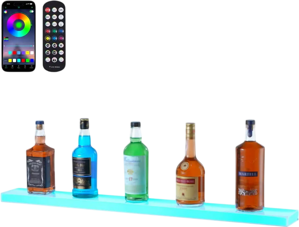 VEVOR LED Lighted Liquor Bottle Display, 1 Tier 40 Inch Wall Mounted Whiskey Rack Stand, 1 Step Commercial Illuminated Home Bar Shelf, Acrylic Drinks lighting Shelves with RF Remote & App Control