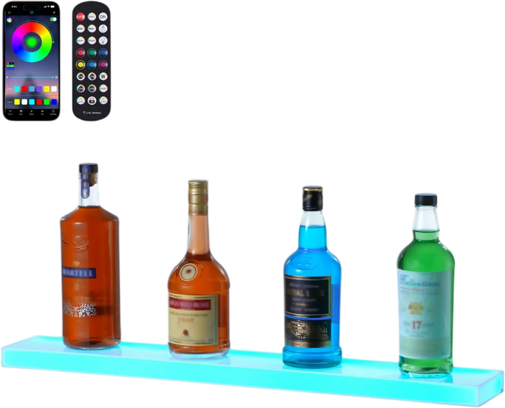 VEVOR LED Lighted Liquor Bottle Display, 1 Tier 30 Inch Wall Mounted Whiskey Rack Stand, 1 Step Commercial Illuminated Home Bar Shelf, Acrylic Drinks lighting Shelves with RF Remote & App Control
