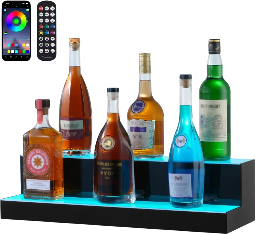 VEVOR LED Lighted Liquor Bottle Display, 2 Tiers 24 Inch Commercial Illuminated Home Bar Shelf, 2 Steps Whiskey Rack Stand, Acrylic Drink Shelves with RF Remote & App Control, and Multicolor lighting