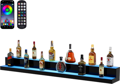 VEVOR LED Lighted Liquor Bottle Display, 2 Tiers 60 Inch Commercial Illuminated Home Bar Shelf, 2 Steps Whiskey Rack Stand, Acrylic Drink Shelves with RF Remote & App Control, and Multicolor lighting