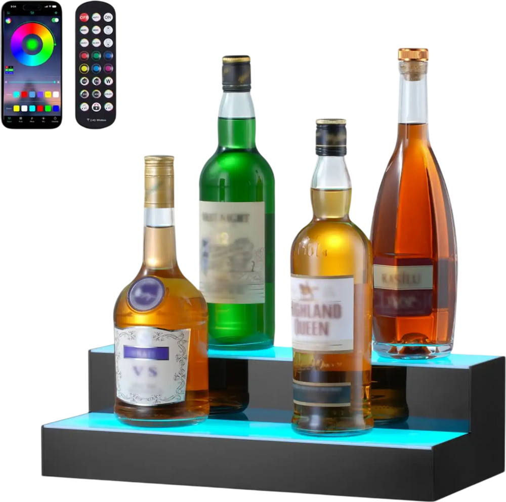 VEVOR LED Lighted Liquor Bottle Display, 2 Tiers 16 Inch Commercial Illuminated Home Bar Shelf, 2 Steps Whiskey Rack Stand, Acrylic Drink Shelves with RF Remote & App Control, and Multicolor lighting