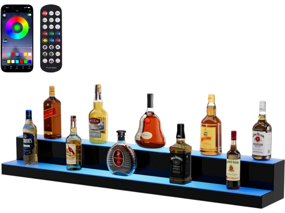VEVOR LED Lighted Liquor Bottle Display, 2 Tiers 48 Inch Commercial Illuminated Home Bar Shelf, 2 Steps Whiskey Rack Stand, Acrylic Drink Shelves with RF Remote & App Control, and Multicolor lighting