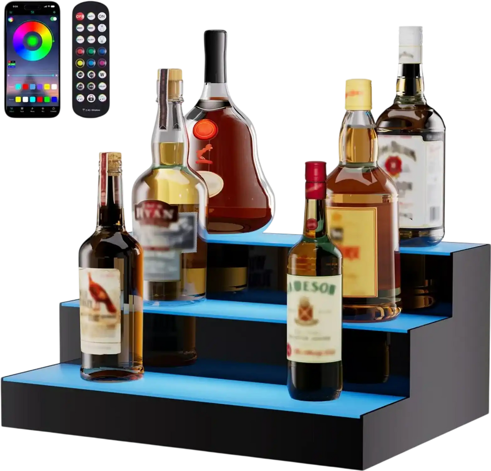 VEVOR LED Lighted Liquor Bottle Display, 3 Tiers 16 Inch Commercial Illuminated Home Bar Shelf, 3 Steps Whiskey Rack Stand, Acrylic Drink Shelves with RF Remote & App Control, and Multicolor lighting