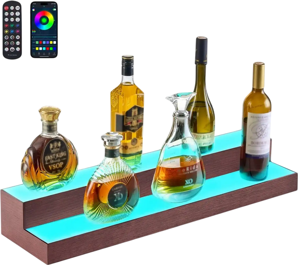 VEVOR LED Lighted Liquor Bottle Display, 2-Tier 30-Inch Whiskey Rack, Support USB, Illuminated Home Bar Shelf with RF Remote & App Control, 7 Static Colors, Acrylic+ Wood Lighted Shelf for 15 Bottles