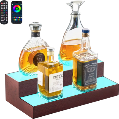 VEVOR LED Lighted Liquor Bottle Display, 2-Tier 16 Inch Whiskey Rack, Supports USB, Illuminated Home Bar Shelf with RF Remote & App Control, 7 Static Colors, Acrylic+ Wood Lighted Shelf for 8 Bottles