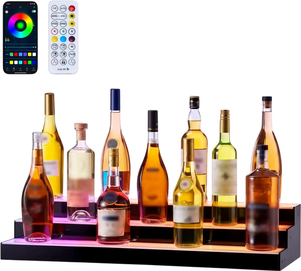 VEVOR LED Lighted Liquor Bottle Display, 3 Tiers 30 inches, Acrylic Illuminated Home Bar Shelf Display with RF Remote & App Control, DIY Setup with Type-C Cables, 9 Static Colors, for 21-30 Bottles