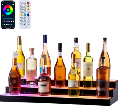 VEVOR LED Lighted Liquor Bottle Display, 3 Tiers 30 inches, Acrylic Illuminated Home Bar Shelf Display with RF Remote & App Control, DIY Setup with Type-C Cables, 9 Static Colors, for 21-30 Bottles