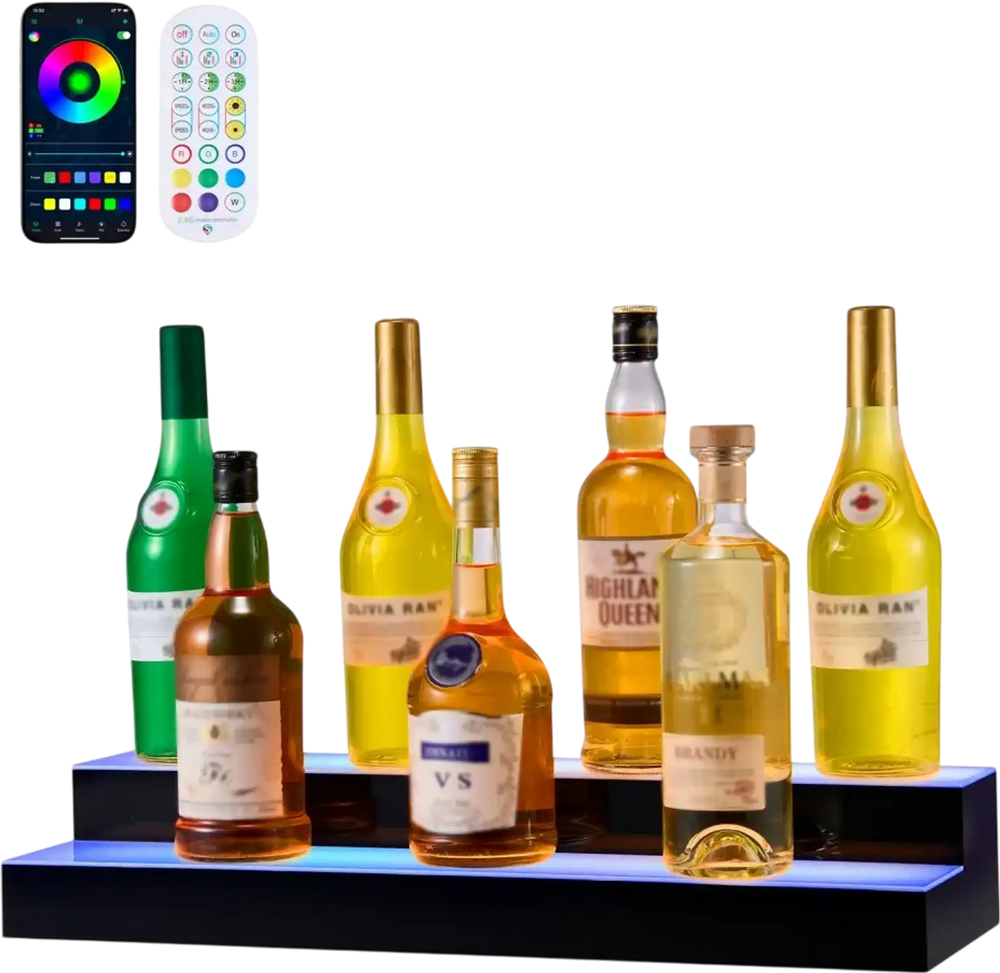 VEVOR LED Lighted Liquor Bottle Display, 2 Tiers 24 inches, Supports USB, Acrylic Illuminated Home Bar Shelf Display with RF Remote & App Control, 9 Static Colors, Timing Mode, for 12-16 Bottles