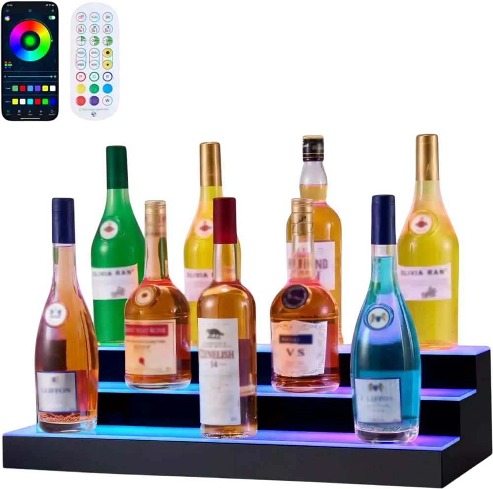 VEVOR LED Lighted Liquor Bottle Display, 3 Tiers 24 inches, Supports USB, Acrylic Illuminated Home Bar Shelf Display with RF Remote & App Control, 9 Static Colors, Timing Mode, for 18-24 Bottles