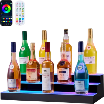 VEVOR LED Lighted Liquor Bottle Display, 3 Tiers 24 inches, Supports USB, Acrylic Illuminated Home Bar Shelf Display with RF Remote & App Control, 9 Static Colors, Timing Mode, for 18-24 Bottles