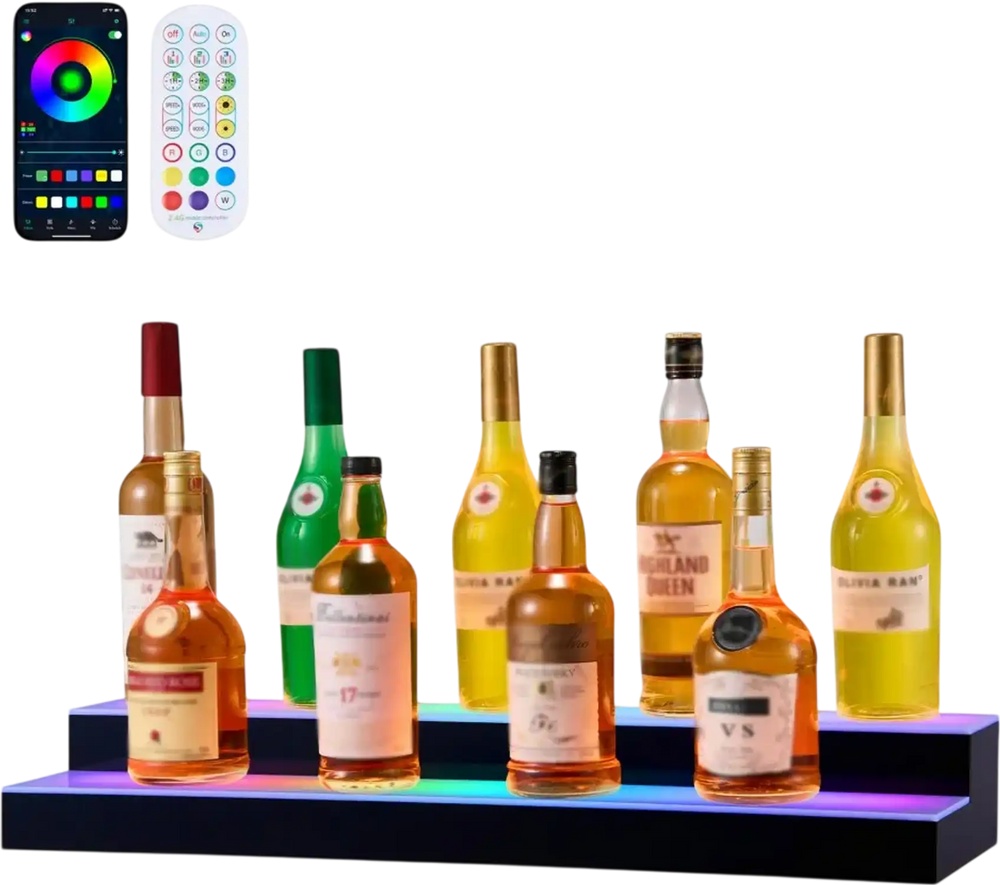 VEVOR LED Lighted Liquor Bottle Display, 2 Tiers 30 inches, Supports USB, Acrylic Illuminated Home Bar Shelf Display with RF Remote & App Control, 9 Static Colors, Timing Mode, for 14-20 Bottles