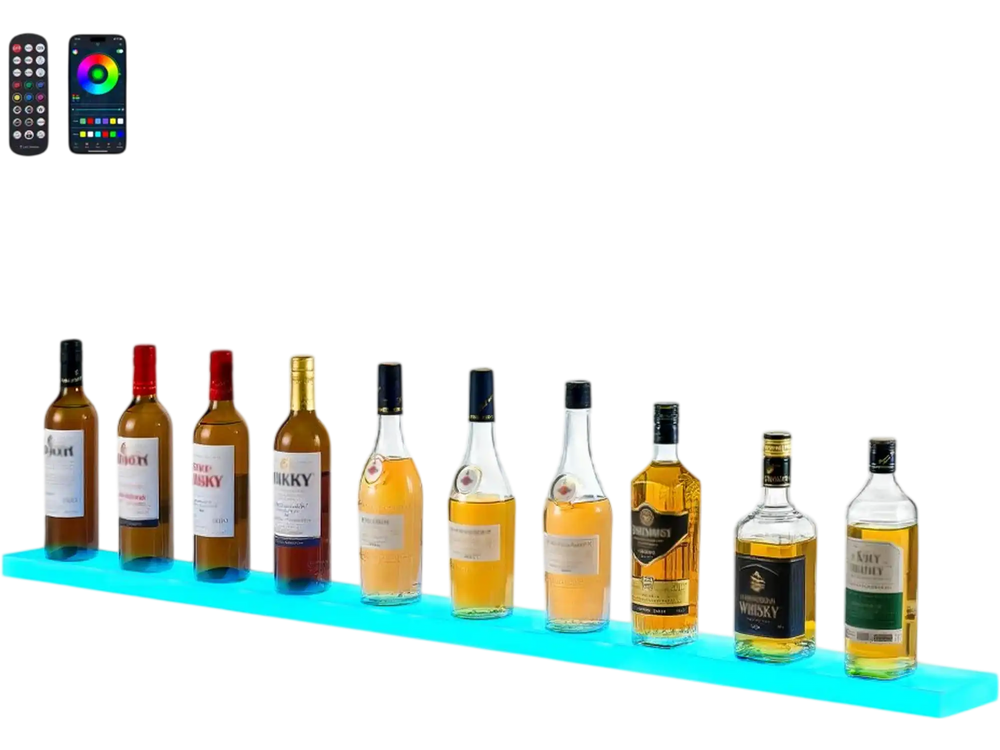 VEVOR LED Lighted Liquor Bottle Display, 1-Tier 60 Inches Whiskey Rack, Supports USB, Illuminated Home Bar Shelf with RF Remote & App Control, 7 Static Colors, Acrylic Lighted Shelf for 15 Bottles