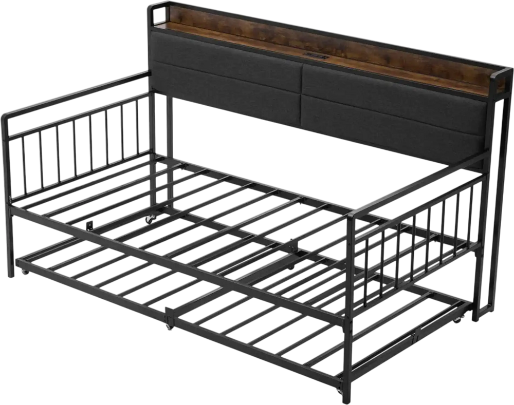 VEVOR Twin Size Daybed Frame, Day Bed with Trundle, Heavy Duty Metal Platform Bed Frame with Charging Station, Twin Daybed with Metal Slats Support for Living Room, Bedroom, Guest Room, Easy Assembly
