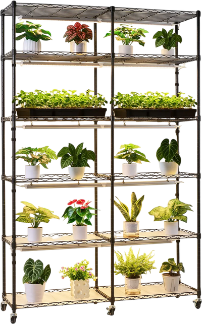 VEVOR Plant Shelf with Grow Light, 6-Tier Double-Row Plant Stand, 71in Tall Indoor Plants Display Rack with Wheels & Timer, 200W Full Spectrum Grow Lights, Metal Flower Pot Holder for Seed Starting
