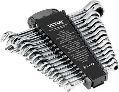 VEVOR Combination Wrench Set, 16-Piece Ratcheting Wrench Set with Organizer Rack, Cr-V Steel Wrench Set Metric 8 mm to 24 mm, Ideal for General Household, Garage, Workshop, Auto Repairs, Emergency