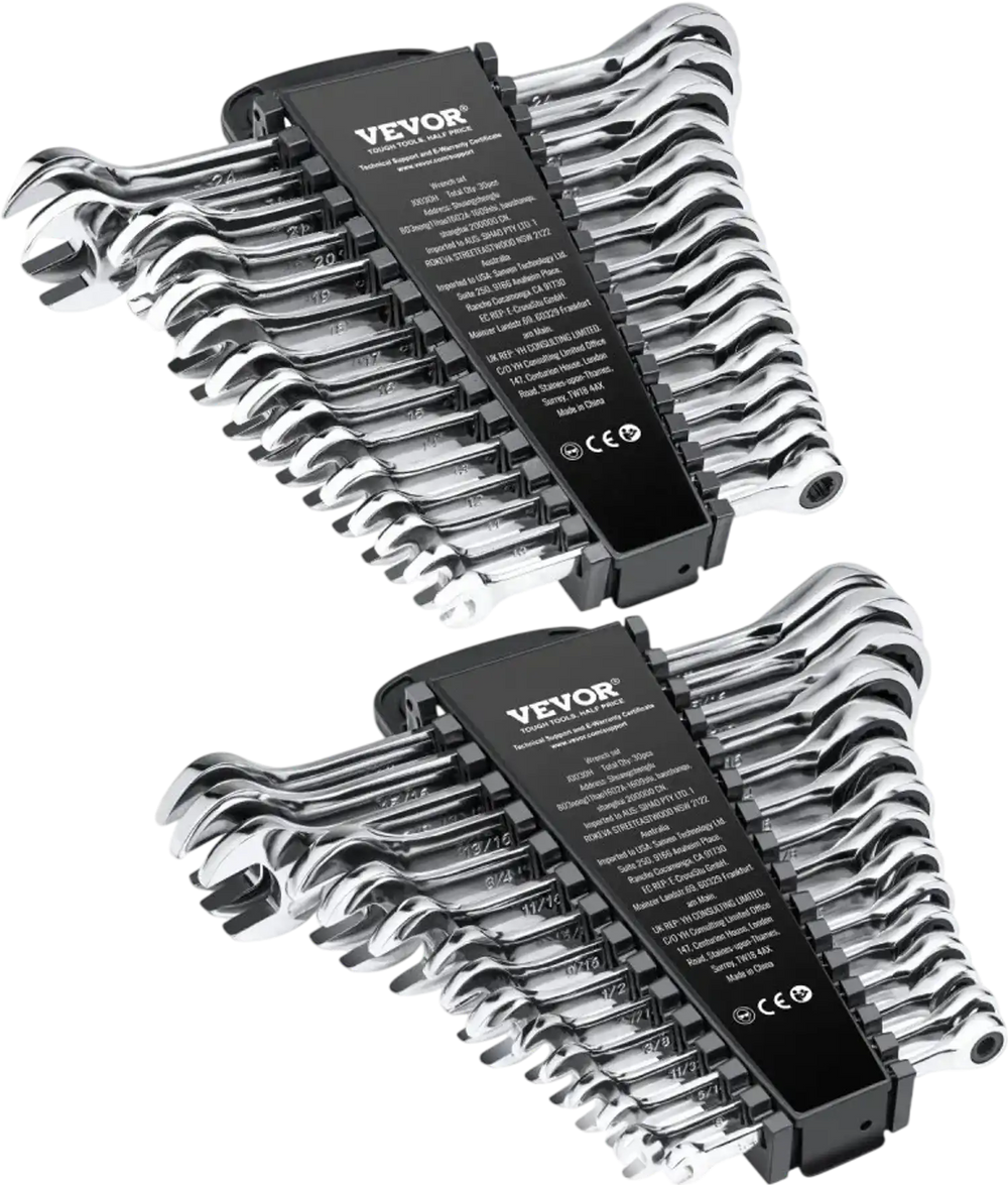 VEVOR Combination Wrench Set, 30-Piece Ratcheting Wrench Set with Organizer Rack, Cr-V Steel Wrench Set SAE 1/4" to 1", Metric 8 mm to 24 mm, Ideal for General Household, Garage, Workshop, Emergency