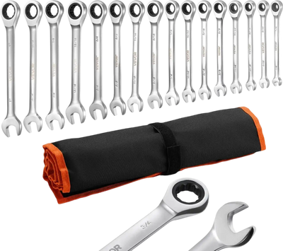 VEVOR Combination Wrench Set, 16-Piece SAE Sizes, 72 Teeth, Cr-V Steel Ratcheting Wrench Set, with Roll Up Pouch, Open End, Clear Size Labels, for General Household and Automotive Repairs, Silver