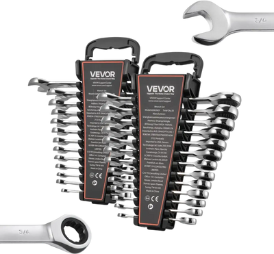 VEVOR Combination Wrench Set, 26-Piece SAE and Metric, 72 Teeth, Cr-V Steel Ratcheting Wrench Set, with Rack Organizer, Open End, Clear Size Labels, for General Household, Automotive Repairs, Silver