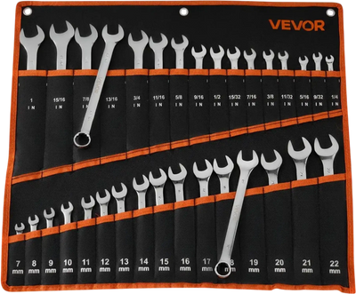 VEVOR Combination Wrench Set, 32-Piece SAE and Metric, 12-Point Box End and 15° Angled Open End Combination Wrenches with Roll Up Pouch, Carbon Steel, for General Household and Automotive Repairs