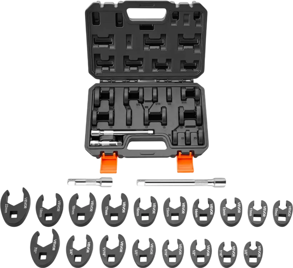 VEVOR Crowfoot Wrench Set, 3/8" Drive, 20-Piece Metric and SAE Size Flare Nut Crows Foot Wrenches, with Storage Case, Dual Size Markings on Tools and Case, for Auto Maintenance