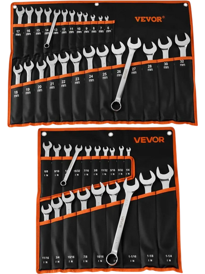 VEVOR Combination Wrench Set, 44-Piece SAE and Metric, 12-Point Box End and 15° Angled Open End Combination Wrenches with Roll Up Pouch, Carbon Steel, for General Household and Automotive Repairs