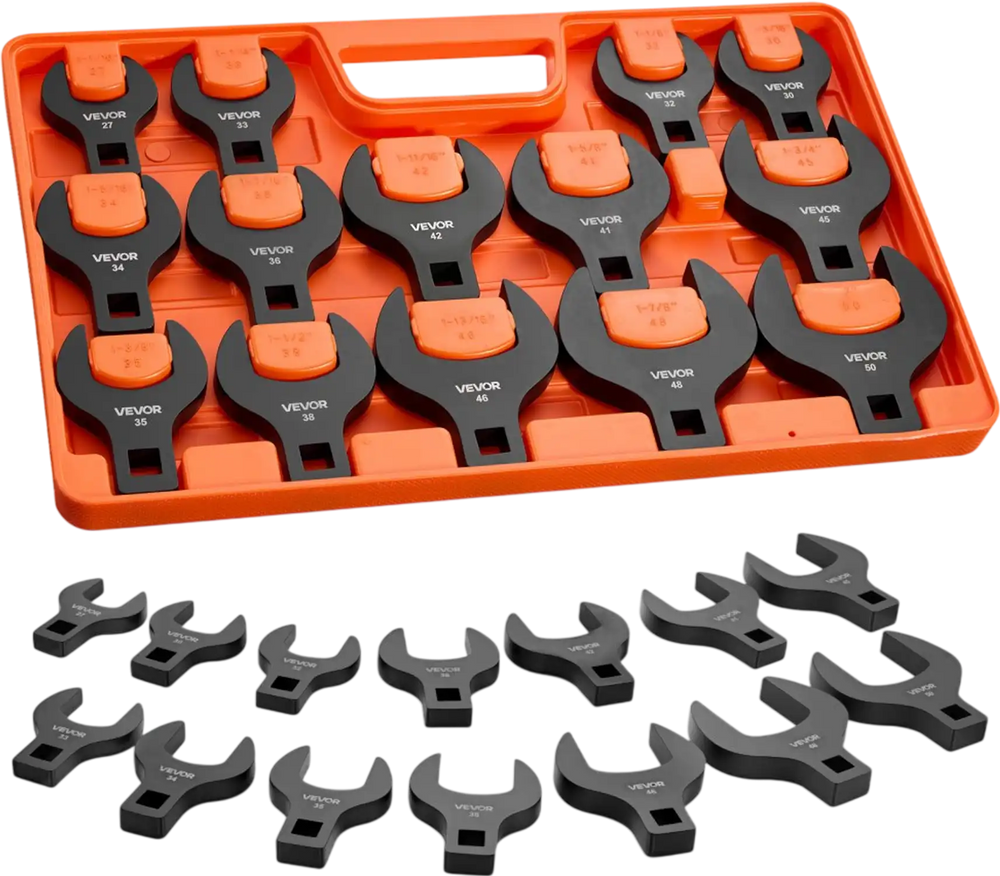 VEVOR Crowfoot Wrench Set, 1/2" Drive, 14-Piece Metric 27 to 50 mm Crows Foot Wrenches, with Storage Tray, Dual Size Markings on Tools and Tray, for Auto Maintenance or Repairs