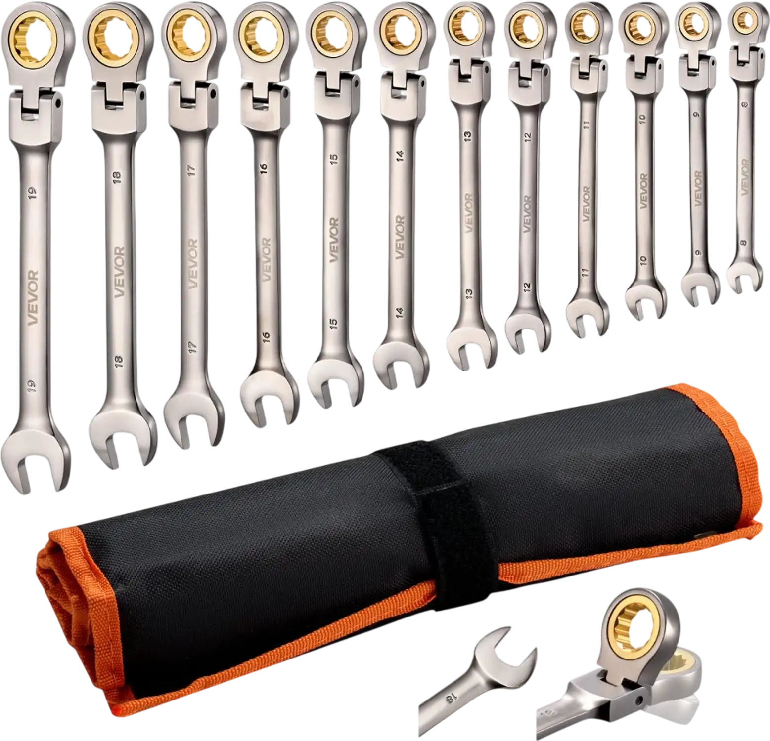 Vevor Wrench Set Flex-Head Ratcheting Combination 12-Piece Metric 8-19 mm New