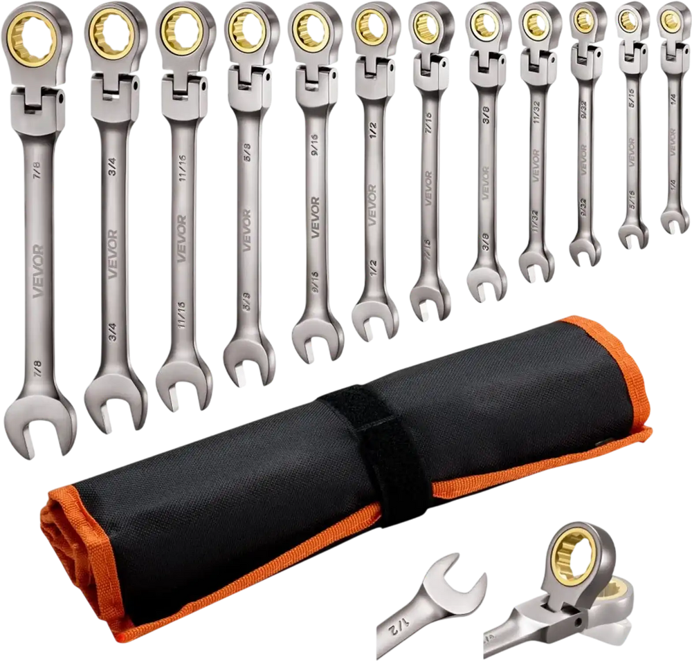 VEVOR Flex-Head Ratcheting Wrench Set, 12-Piece SAE Sizes, 72 Teeth, Cr-V Steel Ratchet Flexible Combination Wrench Set with Roll Up Pouch, for General Household and Automotive Repairs, Gray Nickel