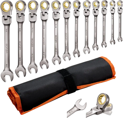 VEVOR Flex-Head Ratcheting Wrench Set, 12-Piece SAE Sizes, 72 Teeth, Cr-V Steel Ratchet Flexible Combination Wrench Set with Roll Up Pouch, for General Household and Automotive Repairs, Gray Nickel