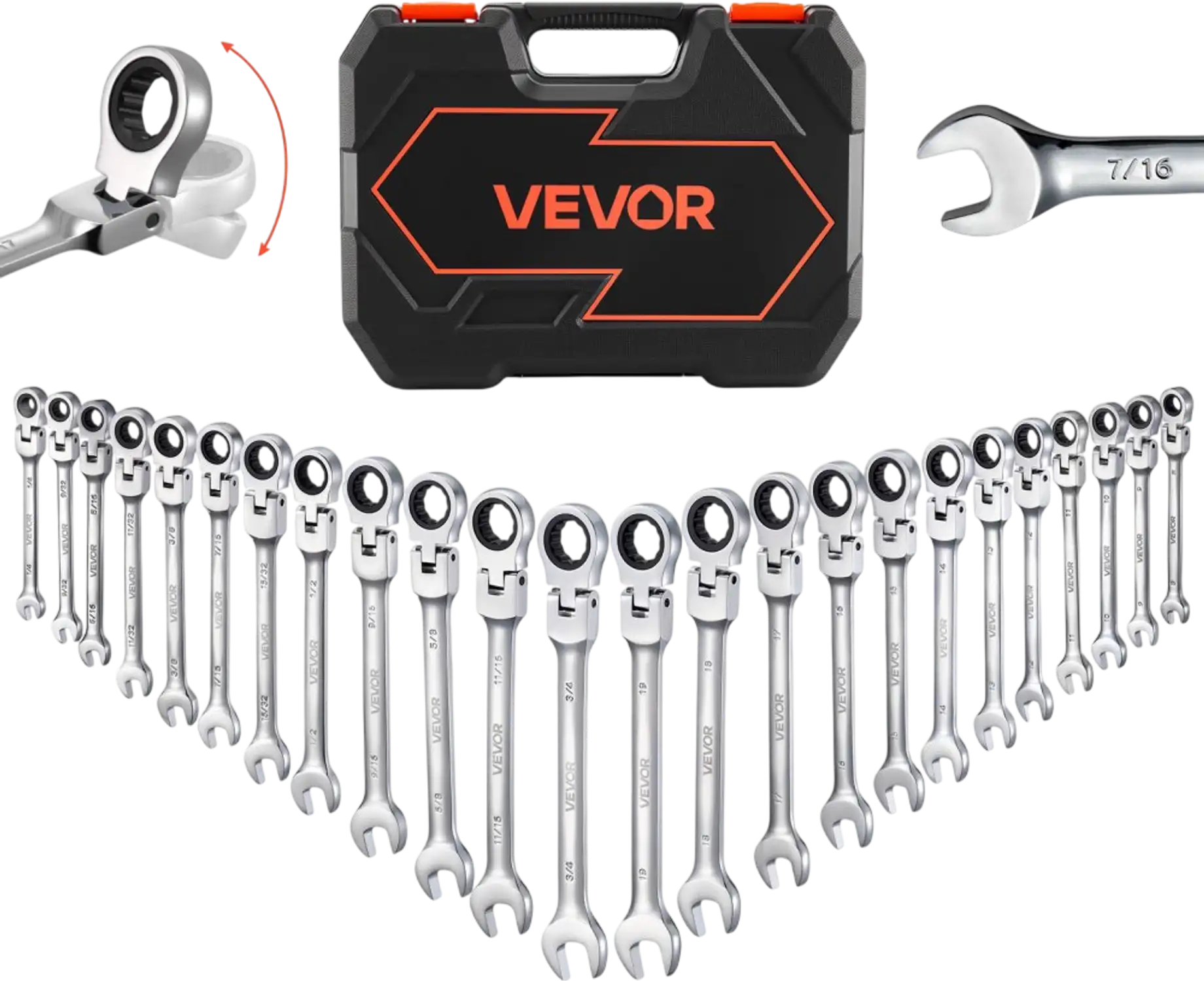 Vevor Ratcheting Wrench Set 24-Piece SAE and Metric Flex-Head with Storage Case New