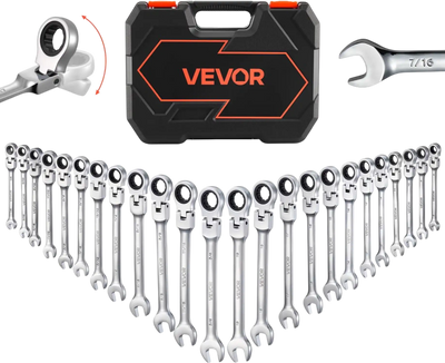 VEVOR Flex-Head Ratcheting Wrench Set, 24-Piece SAE and Metric, 72 Teeth, Cr-V Steel Ratchet Flexible Combination Wrench Set with Storage Case, for General Household and Automotive Repairs, Silver