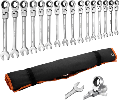 VEVOR Flex-Head Ratcheting Wrench Set, 30-Piece SAE and Metric, 72 Teeth, Cr-V Steel Ratchet Flexible Combination Wrench Set with Roll Up Pouch, for General Household and Automotive Repairs, Silver