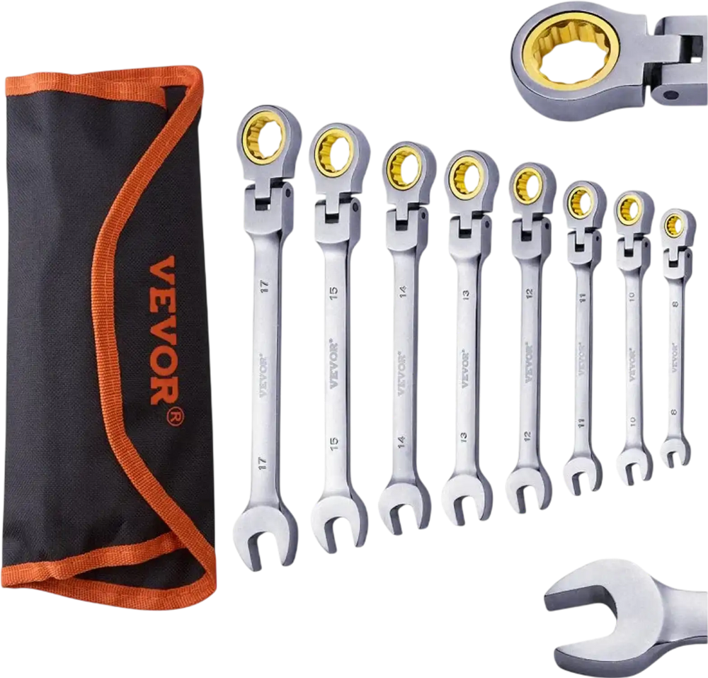 VEVOR Flex-Head Ratcheting Wrench Set, 8-piece Combination Wrench Set with Roll-up Pouch, Cr-V Steel Flexible Ratcheting Wrench Set Metric 8 mm to 17 mm, Ideal for General Household, Auto Repairs