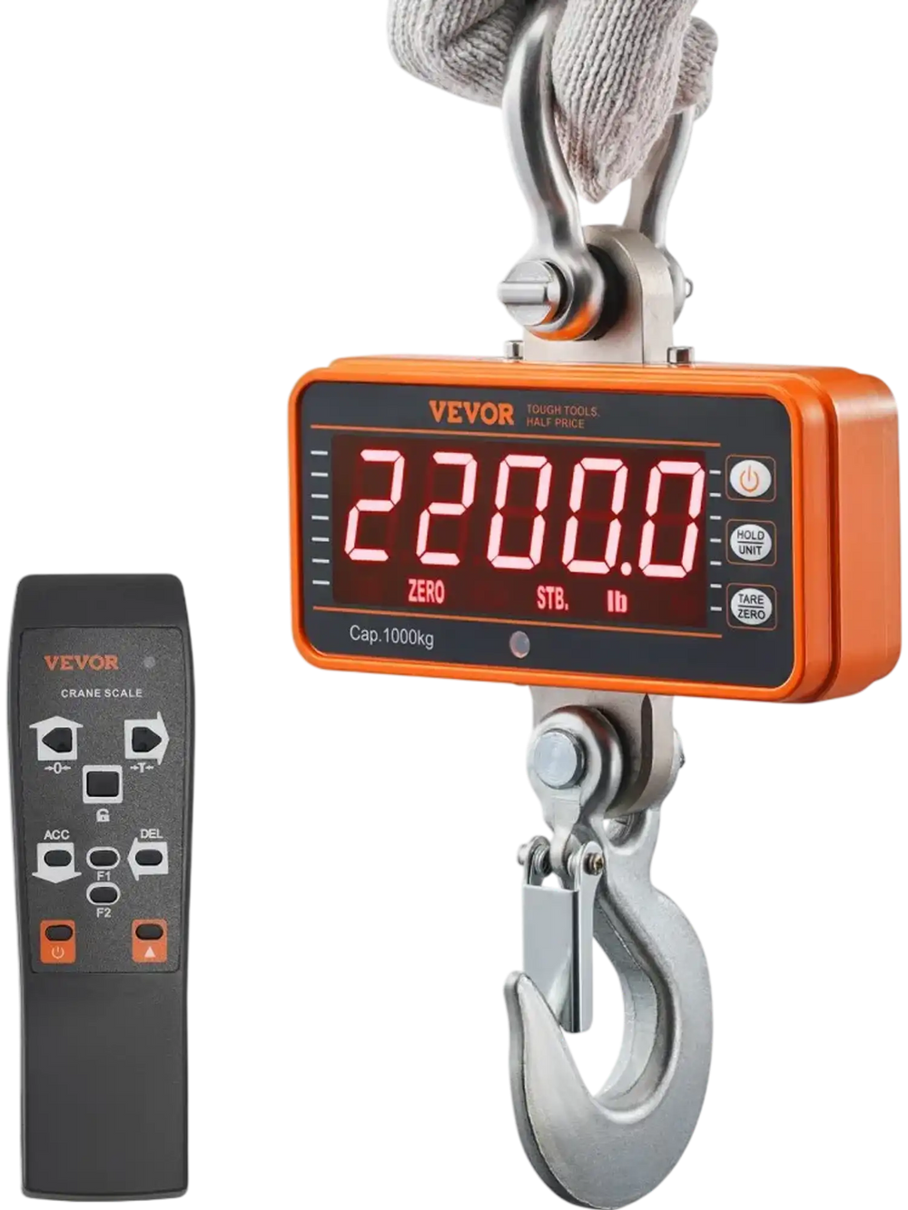 VEVOR Digital Crane Scale, 2200 lbs/1000 kg, Industrial Heavy Duty Hanging Scale with Remote Control, Cast Aluminum Case & LED Screen, High Precision for Construction, Factory, Farm, Hunting (Orange)