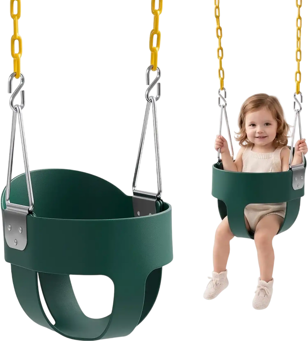 VEVOR Toddler Swing 300 lbs High Back Full Bucket Baby Swing Seat Green, for Outdoor & Indoor Backyard Playground, Heavy-Duty Coated Chains and Carabiners, Fully Assembled Seat for Toddlers Age 3+