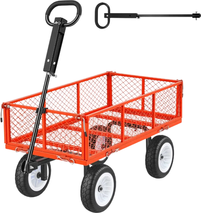 VEVOR Garden Cart, 900 LBS, Heavy Duty Steel Yard and Garden Utility Wagon with 10-Inch Tires, Outdoor Gardening Stool with Adjustable Handle, Detachable Side Panels, Attach to ATV or Tractor, Red